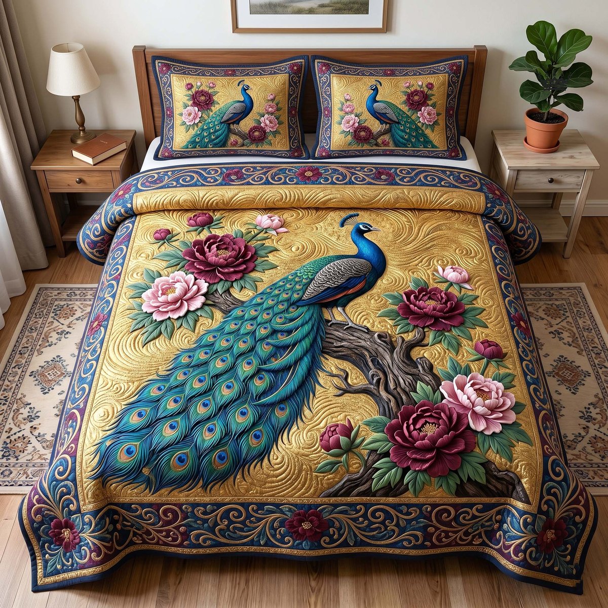 Peacock Majesty 3 Piece Quilted Bedding Set Gift For Bird Lovers