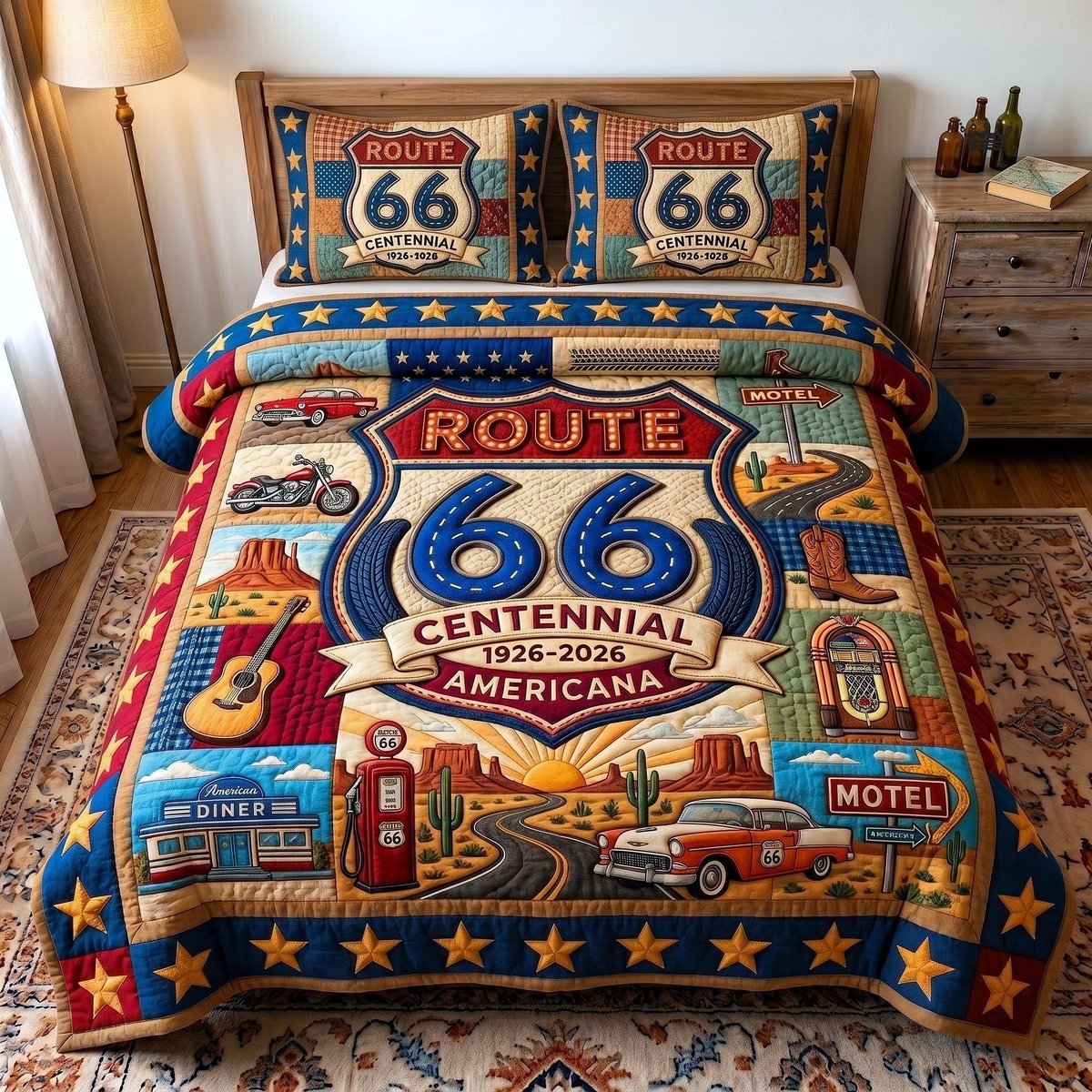 Route 66 Centennial 3 Piece Quilted Bedding Set Gift For Home Decor Lovers