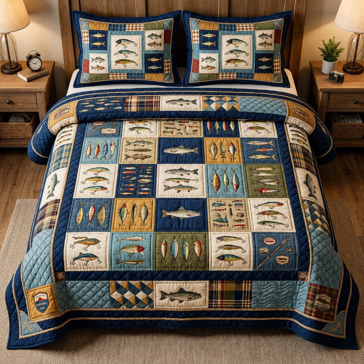 Fishing Lodge 3 Piece Quilted Bedding Set Gift For Fishing Lovers