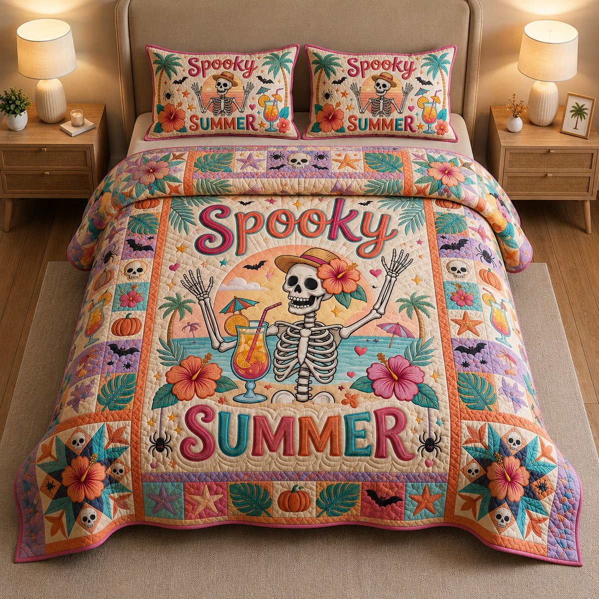 Spooky Summer 3 Piece Quilted Bedding Set Halloween Gift For Gothic Decor Lovers
