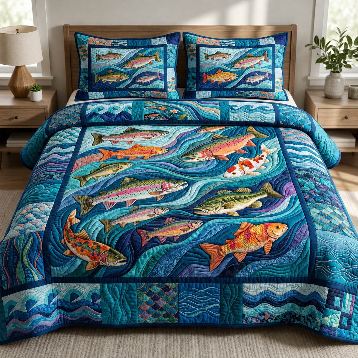 Blue Fishing 3 Piece Quilted Bedding Set Gift For Fishing Lovers