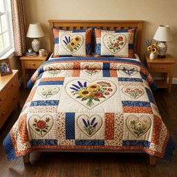 Flower Patchwork 3 Piece Quilted Bedding Set Gift For Flower Lovers