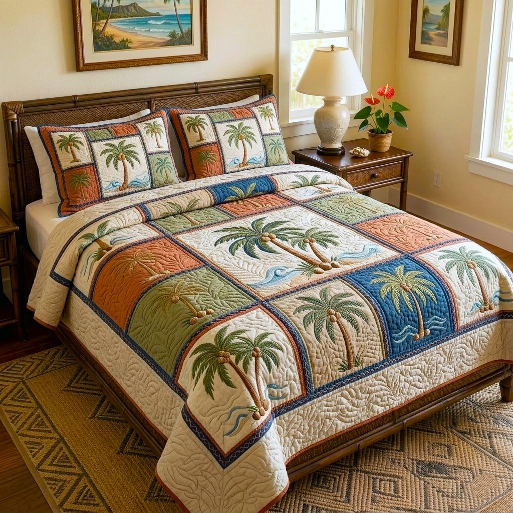 Island Getaway 3 Piece Quilted Bedding Set Gift For Home Decor Lovers