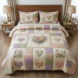 Flower Patchwork 3 Piece Quilted Bedding Set Gift For Flower Lovers