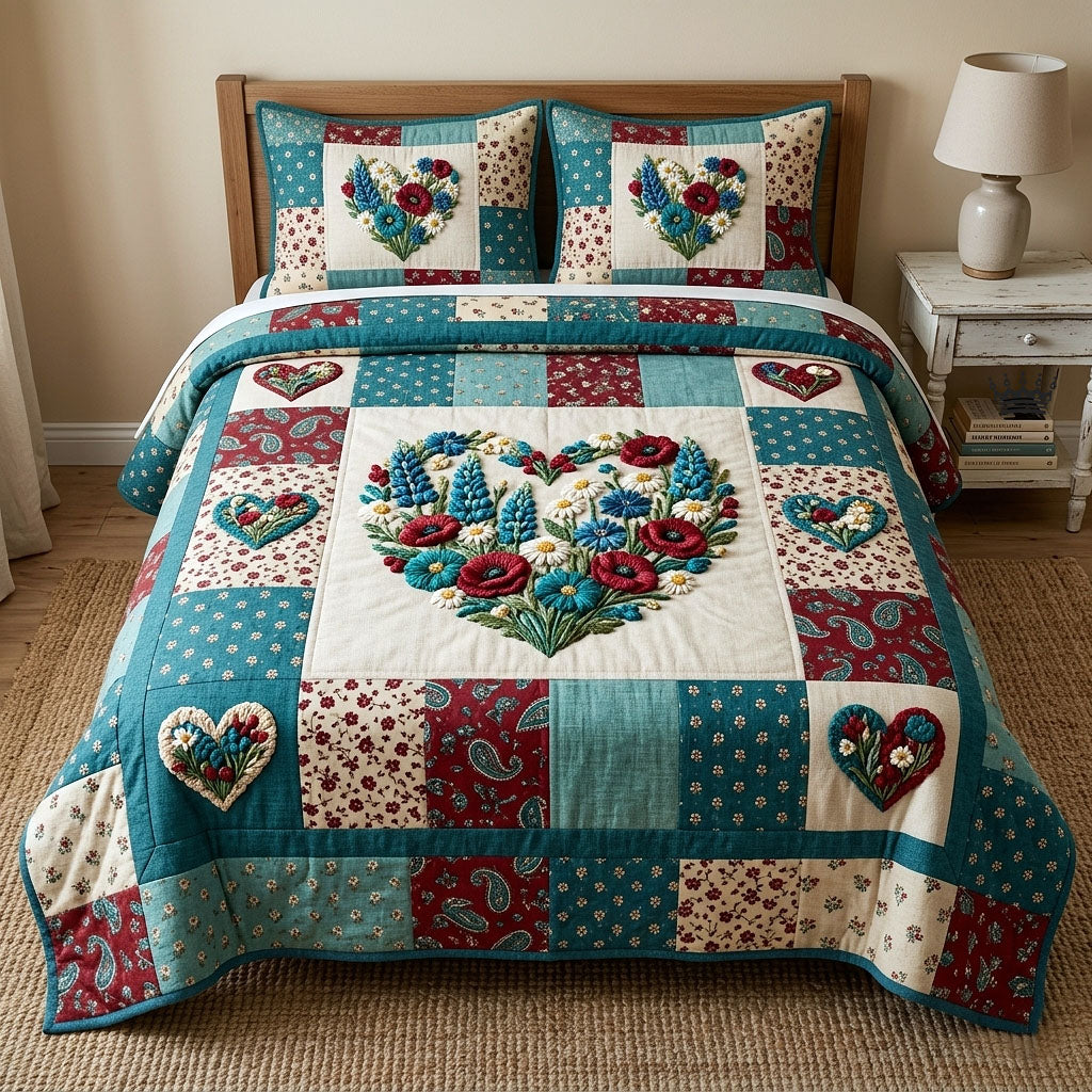 Flower Patchwork 3 Piece Quilted Bedding Set Gift For Flower Lovers