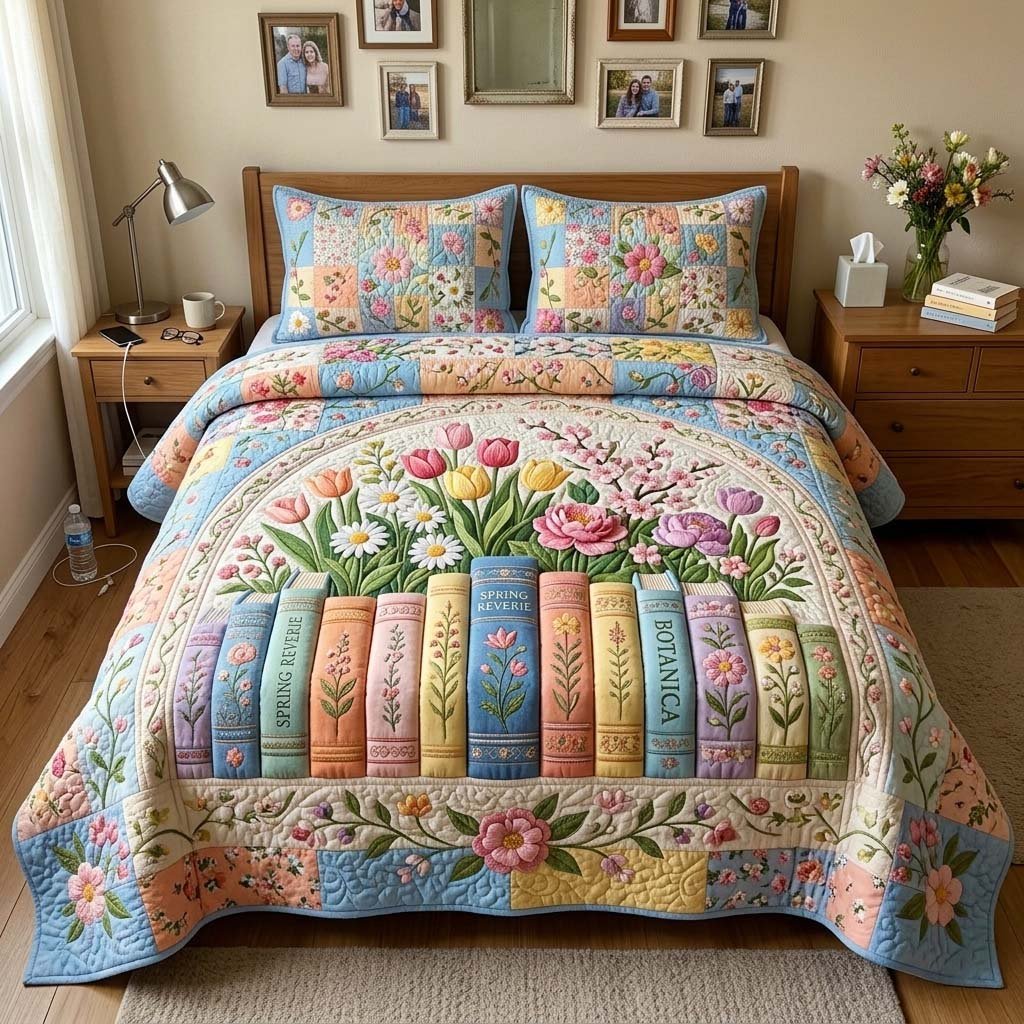 Spring Books 3 Piece Quilted Bedding Set Gift For Book Lovers