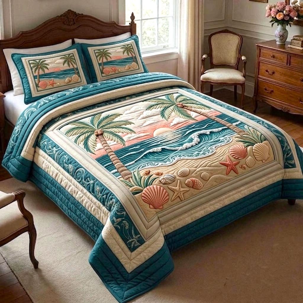 Beachside 3 Piece Quilted Bedding Set Gift For Beach Lovers