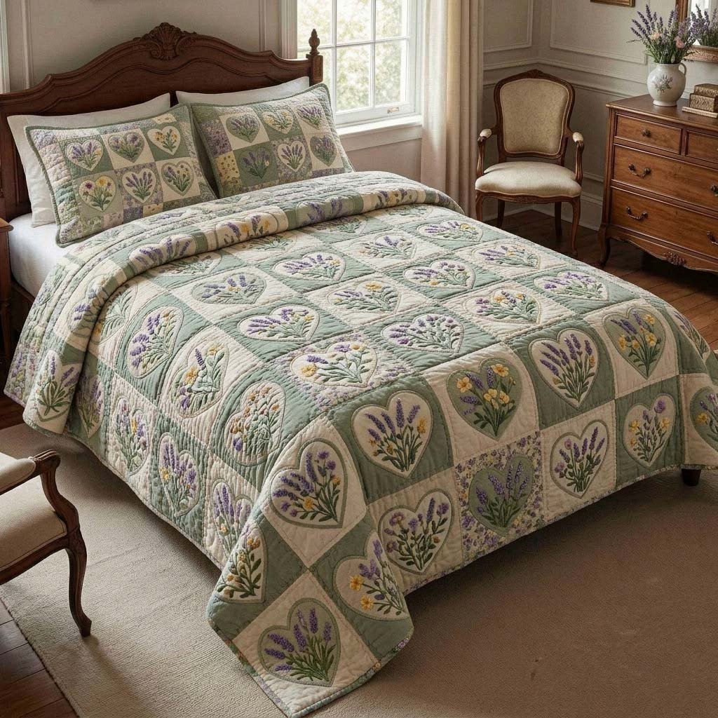 Lavender Garden Hearts 3 Piece Quilted Bedding Set Gift For Flower Lovers