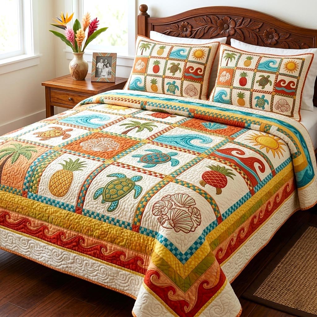Paradise Vibes 3 Piece Quilted Bedding Set Gift For Home Decor Lovers