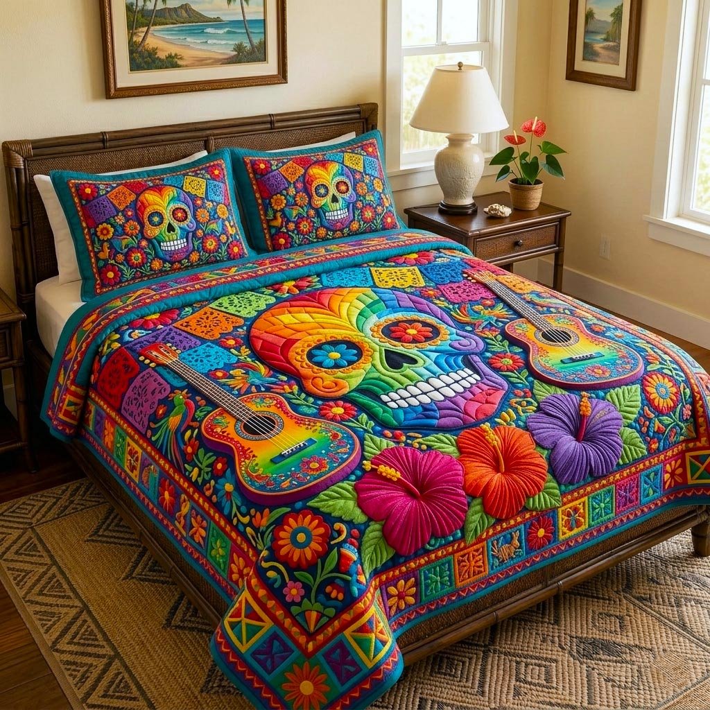 Cinco Fiesta Skull 3 Piece Quilted Bedding Set Gift For Gothic Decor Lovers