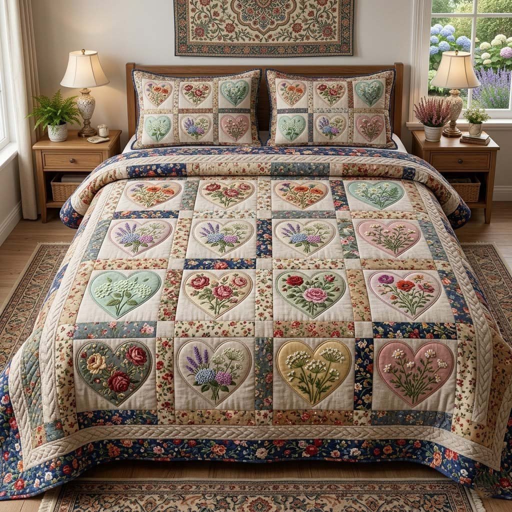 Flower Patchwork 3 Piece Quilted Bedding Set Gift For Flower Lovers
