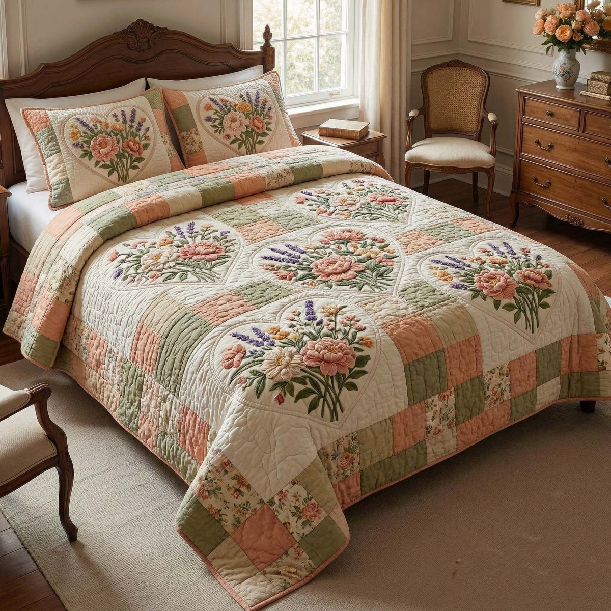 Patchwork Garden 3 Piece Quilted Bedding Set Gift For Flower Lovers