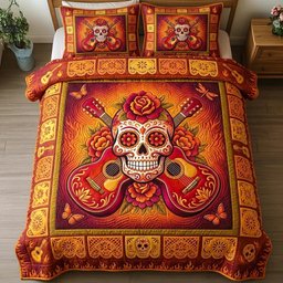 Fiesta Celebration Skull 3 Piece Quilted Bedding Set Gift For Gothic Decor Lovers