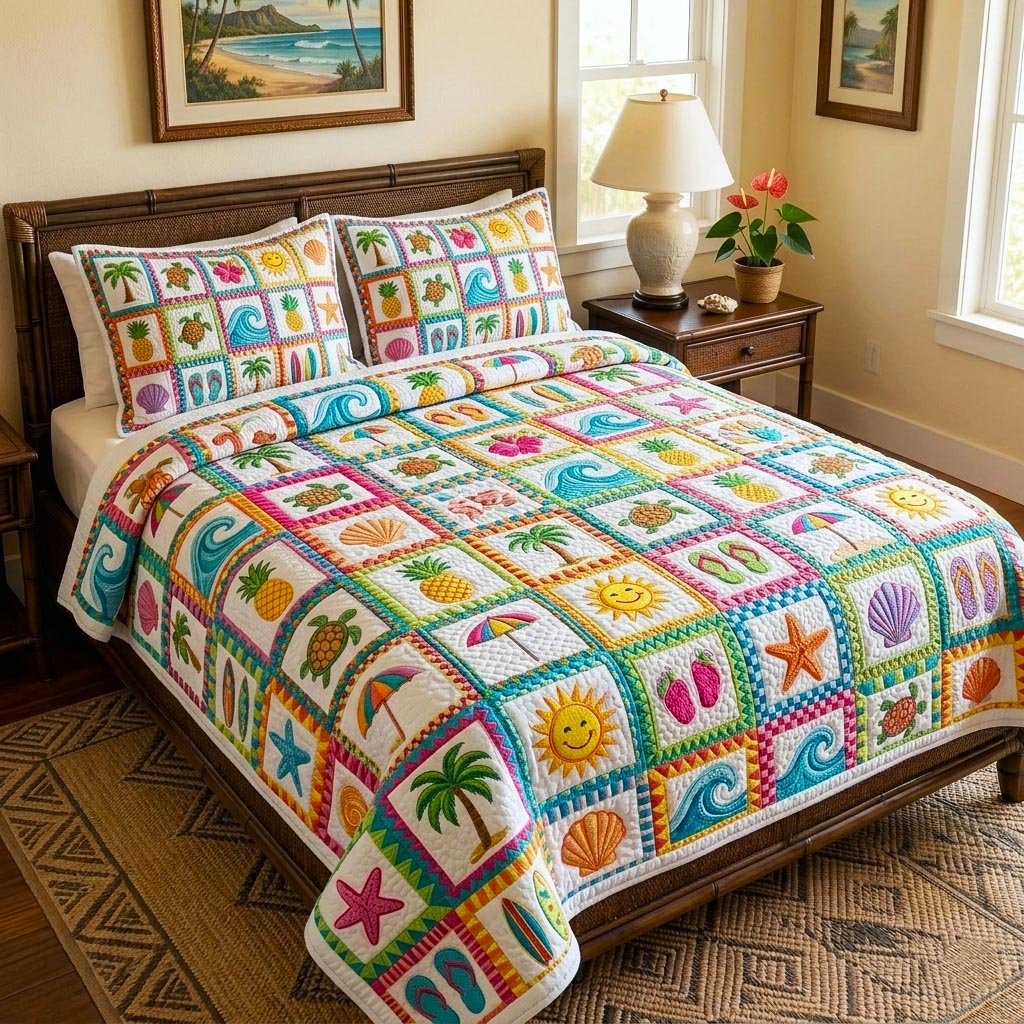 Coastal Escape 3 Piece Quilted Bedding Set Gift For Beach Lovers