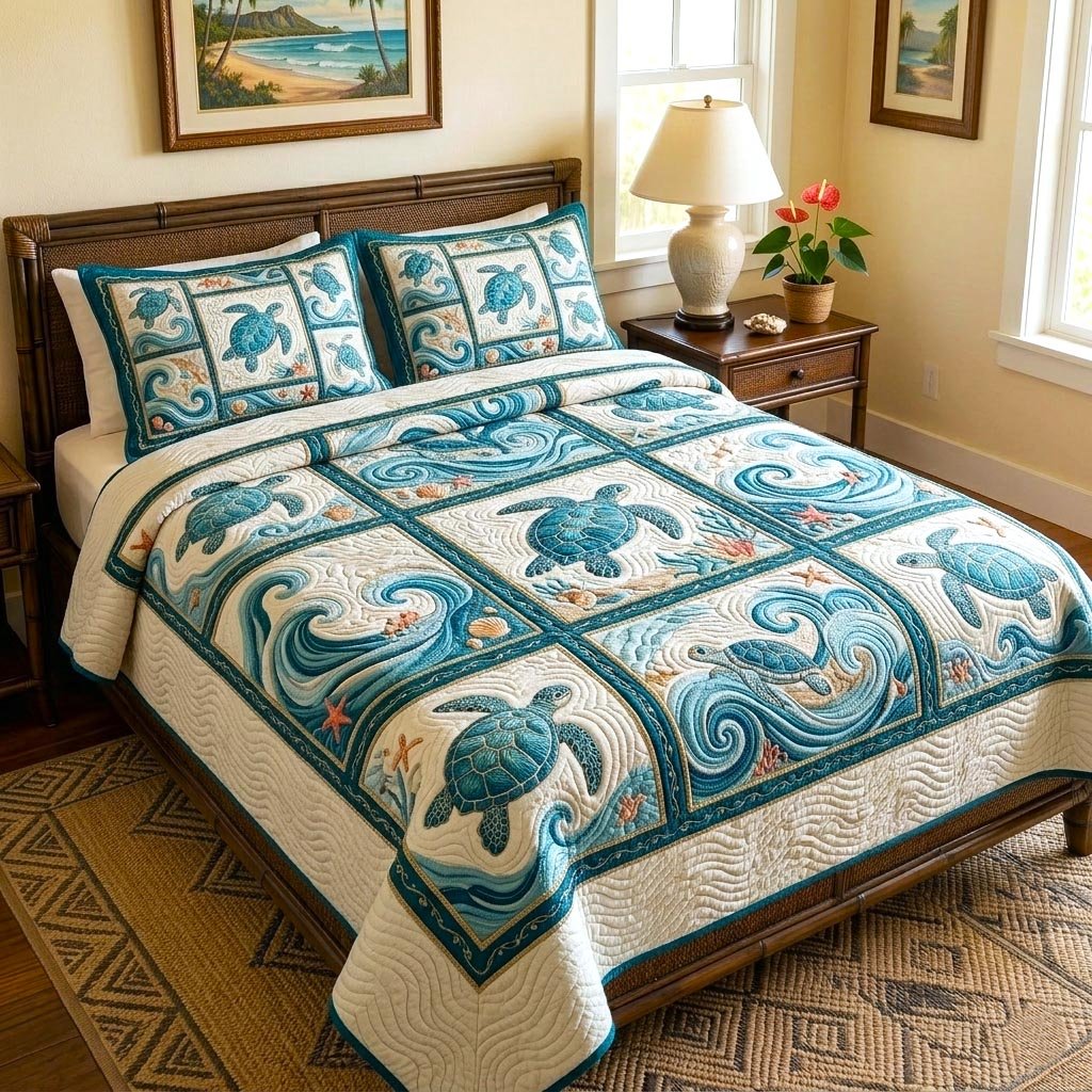 Beachside Escape 3 Piece Quilted Bedding Set Gift For Home Decor Lovers