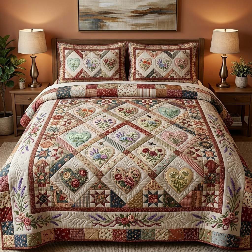 Flower Patchwork 3 Piece Quilted Bedding Set Gift For Flower Lovers
