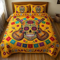 Viva Fiesta Skull 3 Piece Quilted Bedding Set Gift For Gothic Decor Lovers