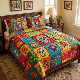Fiesta Nights Skull 3 Piece Quilted Bedding Set Gift For Gothic Decor Lovers