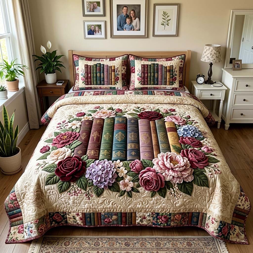 Floral Library 3 Piece Quilted Bedding Set Gift For Flower Lovers