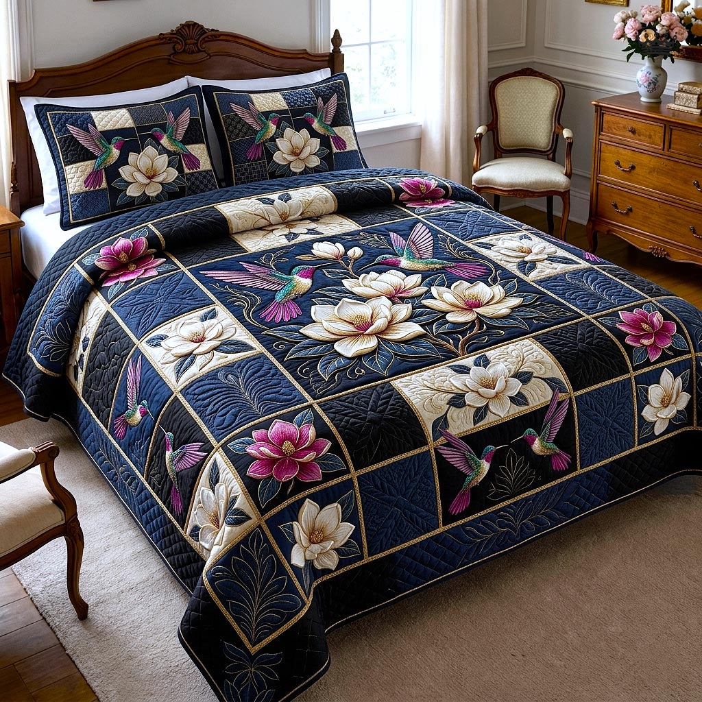 Magnolia Patchwork 3 Piece Quilted Bedding Set Gift For Flower Lovers