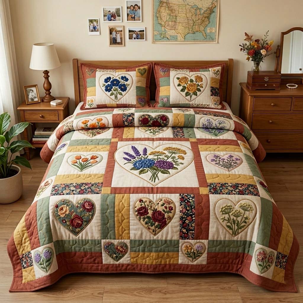 Flower Patchwork 3 Piece Quilted Bedding Set Gift For Flower Lovers