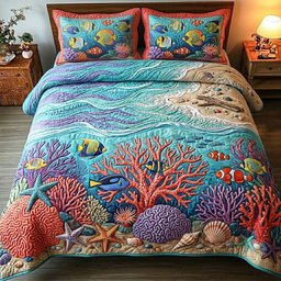 Coral Reef Bliss Beach 3 Piece Quilted Bedding Set Gift For Beach Lovers