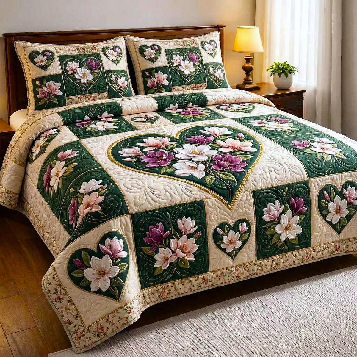 Magnolia Patchwork 3 Piece Quilted Bedding Set Gift For Flower Lovers