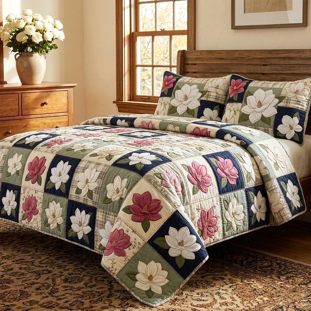 Magnolia Patchwork 3 Piece Quilted Bedding Set Gift For Flower Lovers
