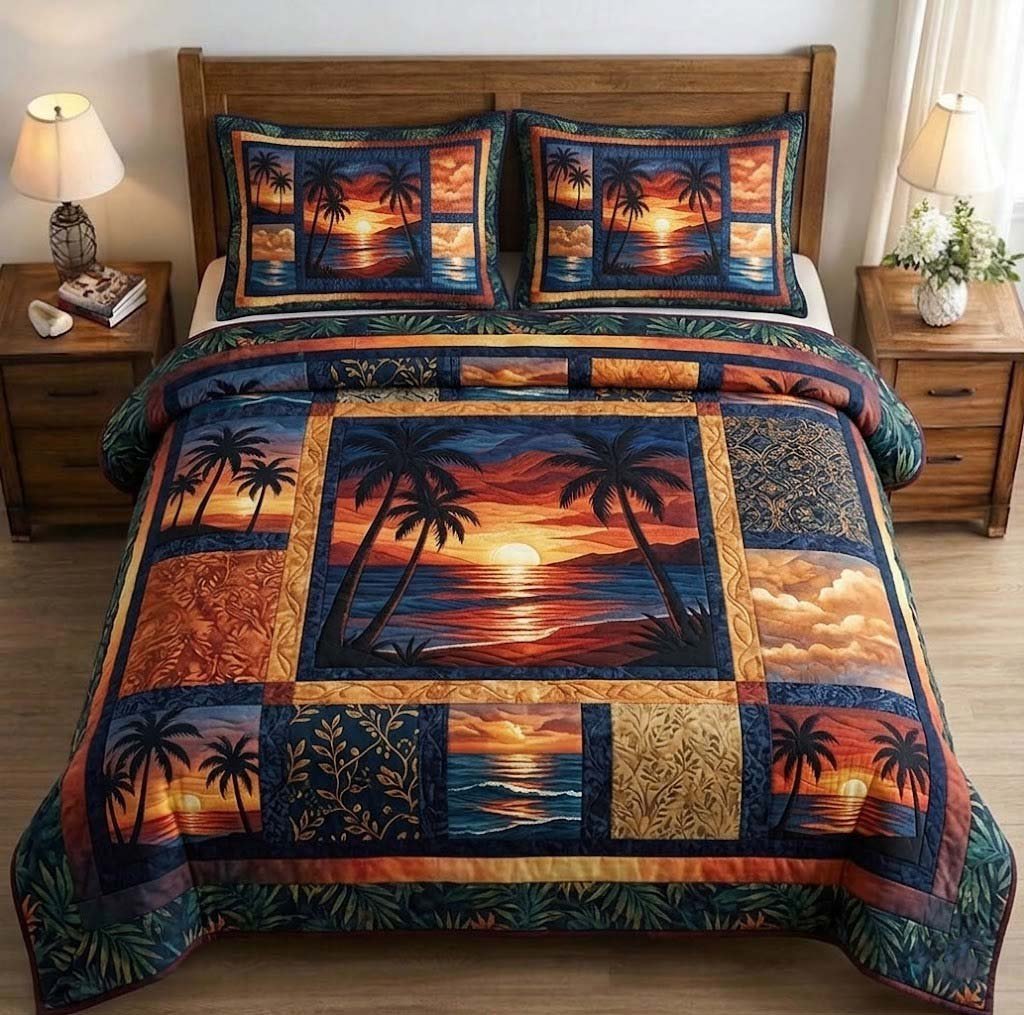 Palm Whisper 3 Piece Quilted Bedding Set Gift For Beach Lovers