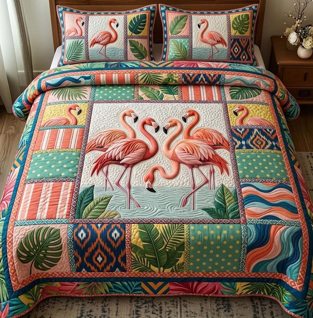 Tropical Flamingo 3 Piece Quilted Bedding Set Gift For Beach Lovers