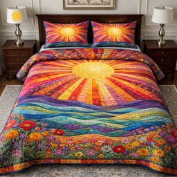 Floral Sunburst 3 Piece Quilted Bedding Set Gift For Flower Lovers