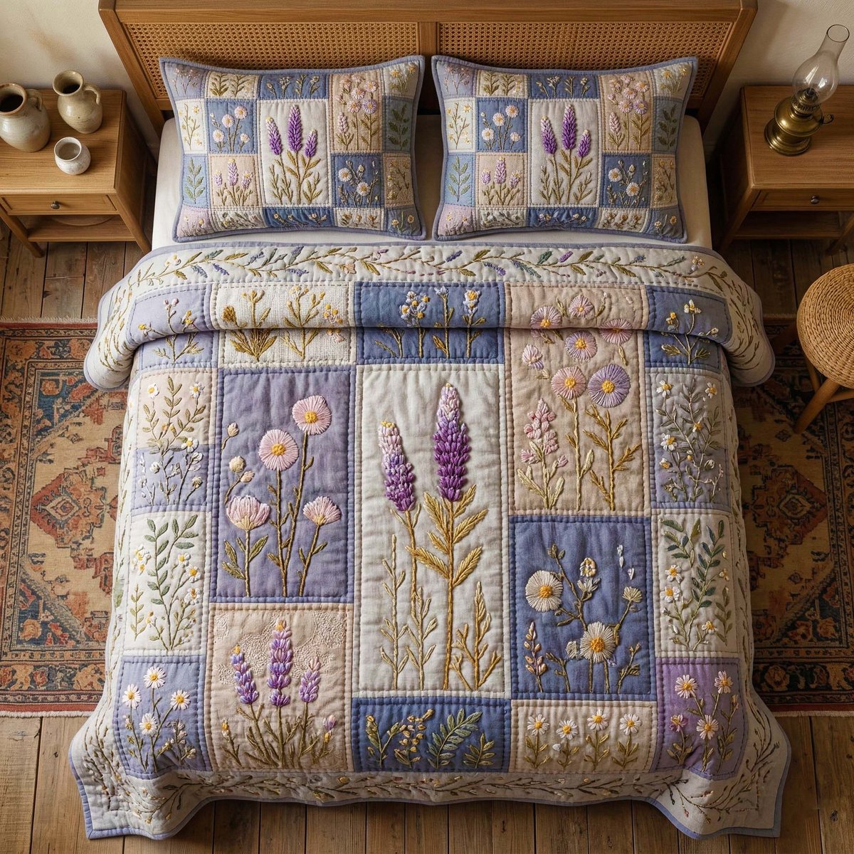 Lavender Patchwork 3 Piece Quilted Bedding Set Gift For Flower Lovers