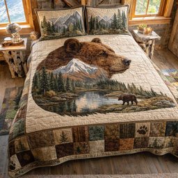 Woodland Lodge Bear 3 Piece Quilted Bedding Set Gift For Nature Lovers