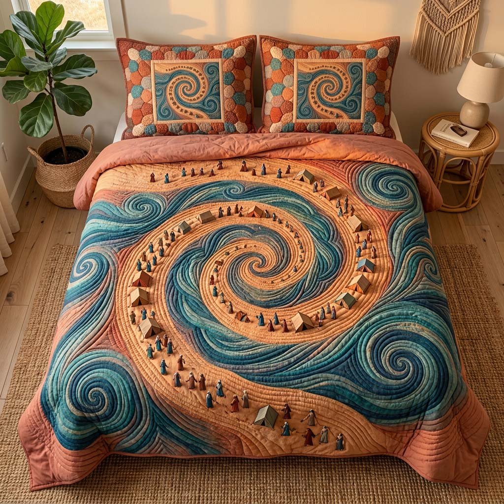 Sacred Spiral Journey 3 Piece Quilted Bedding Set Gift For Beach Lovers