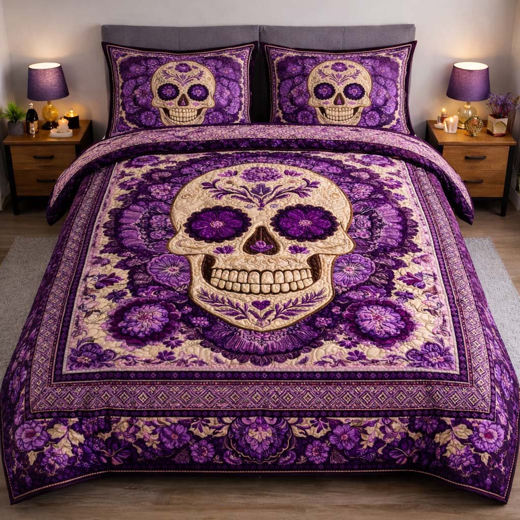 Royal Amethyst Skull 3 Piece Quilted Bedding Set Gift For Gothic Decor Lovers