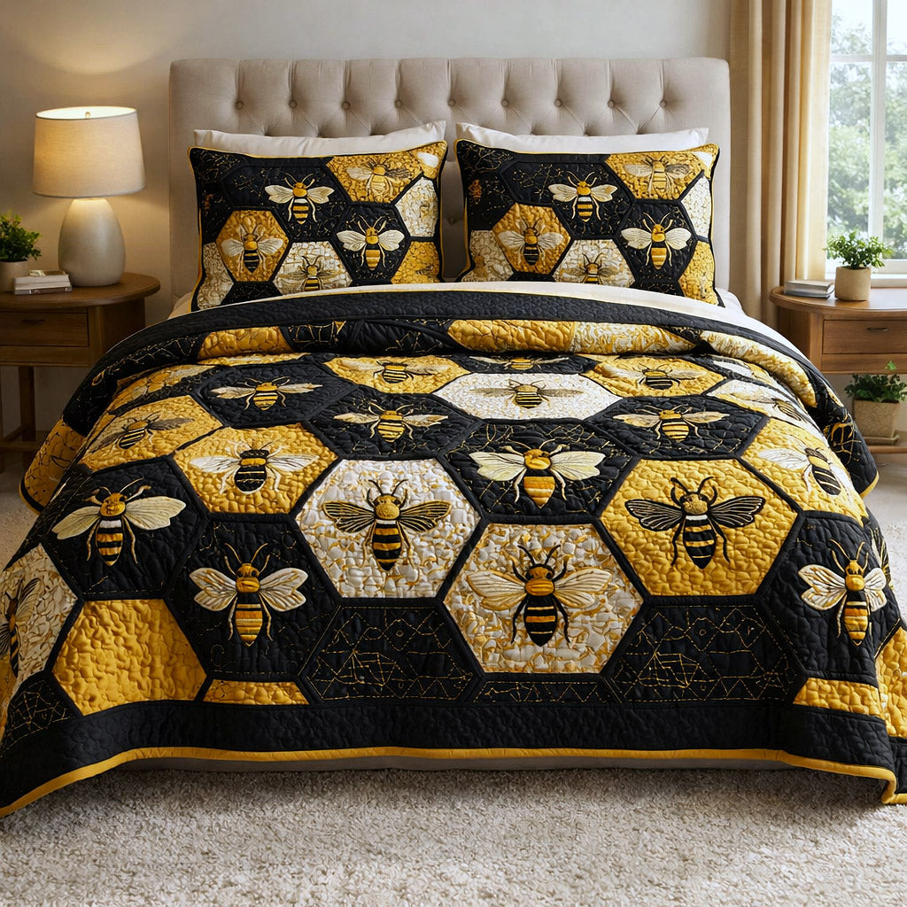Honey Buzz 3 Piece Quilted Bedding Set Gift For Home Decor Lovers