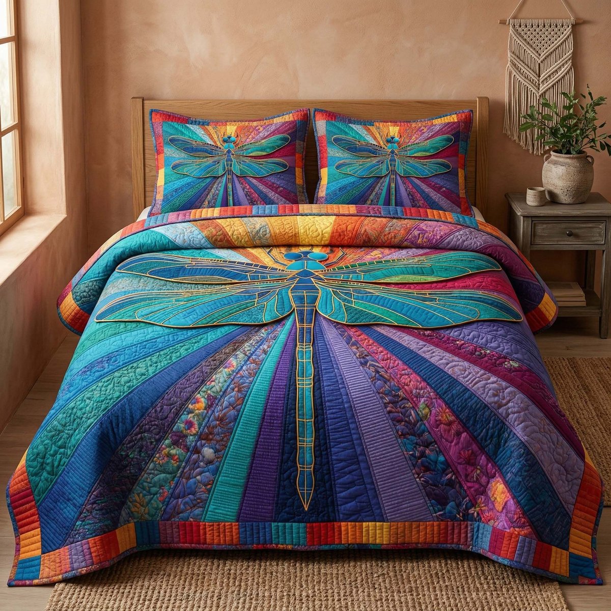 Spectrum Dragonfly 3 Piece Quilted Bedding Set Gift For Butterfly Lovers