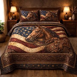 Country Horse 3 Piece Quilted Bedding Set Gift For Horse Lovers