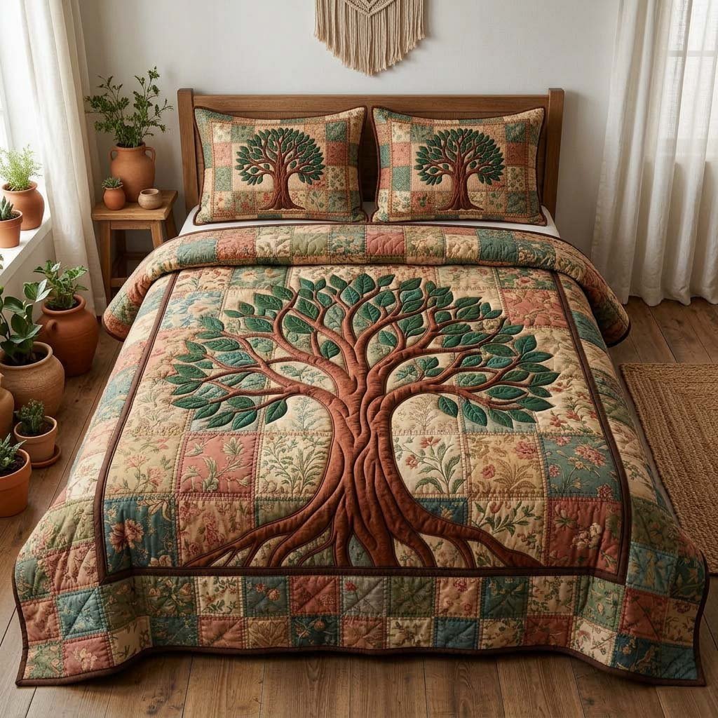 Tree of Life 3 Piece Quilted Bedding Set Gift For Home Decor Lovers