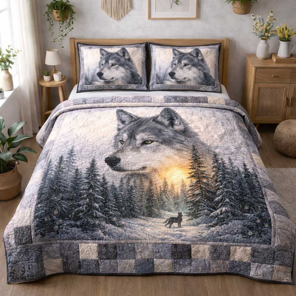 Rustic Wolf 3 Piece Quilted Bedding Set Gift For Wolf Lovers