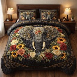 Midnight Floral Elephant 3 Piece Quilted Bedding Set Gift For Elephant Lovers