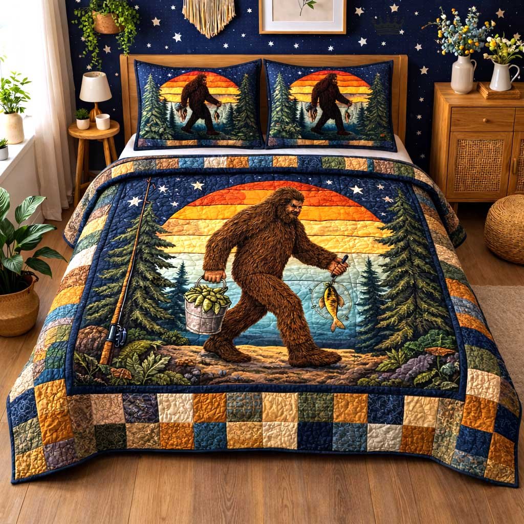 Lakeside Fishing 3 Piece Quilted Bedding Set Gift For Fishing Lovers