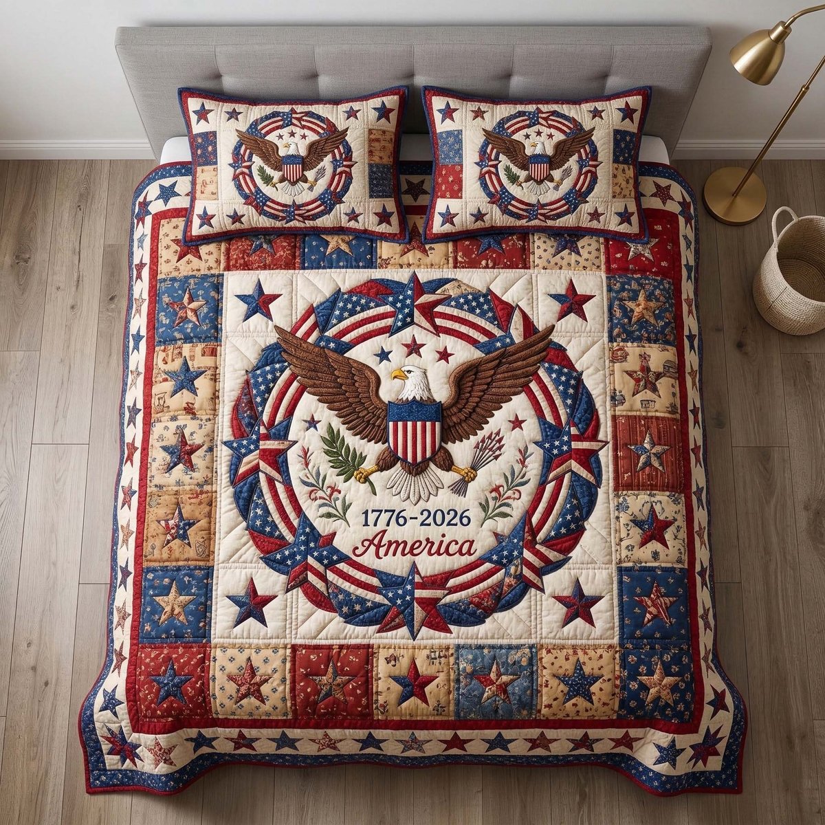 Patriot Wreath 3 Piece Quilted Bedding Set Gift For Holiday Decor Lovers
