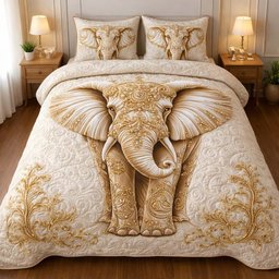 Royal Ivory Elephant 3 Piece Quilted Bedding Set Gift For Elephant Lovers