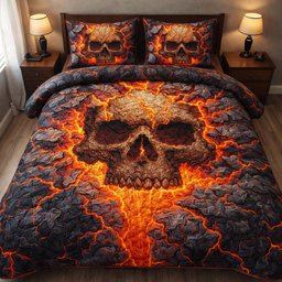 Inferno Lava Skull 3 Piece Quilted Bedding Set Gift For Gothic Decor Lovers