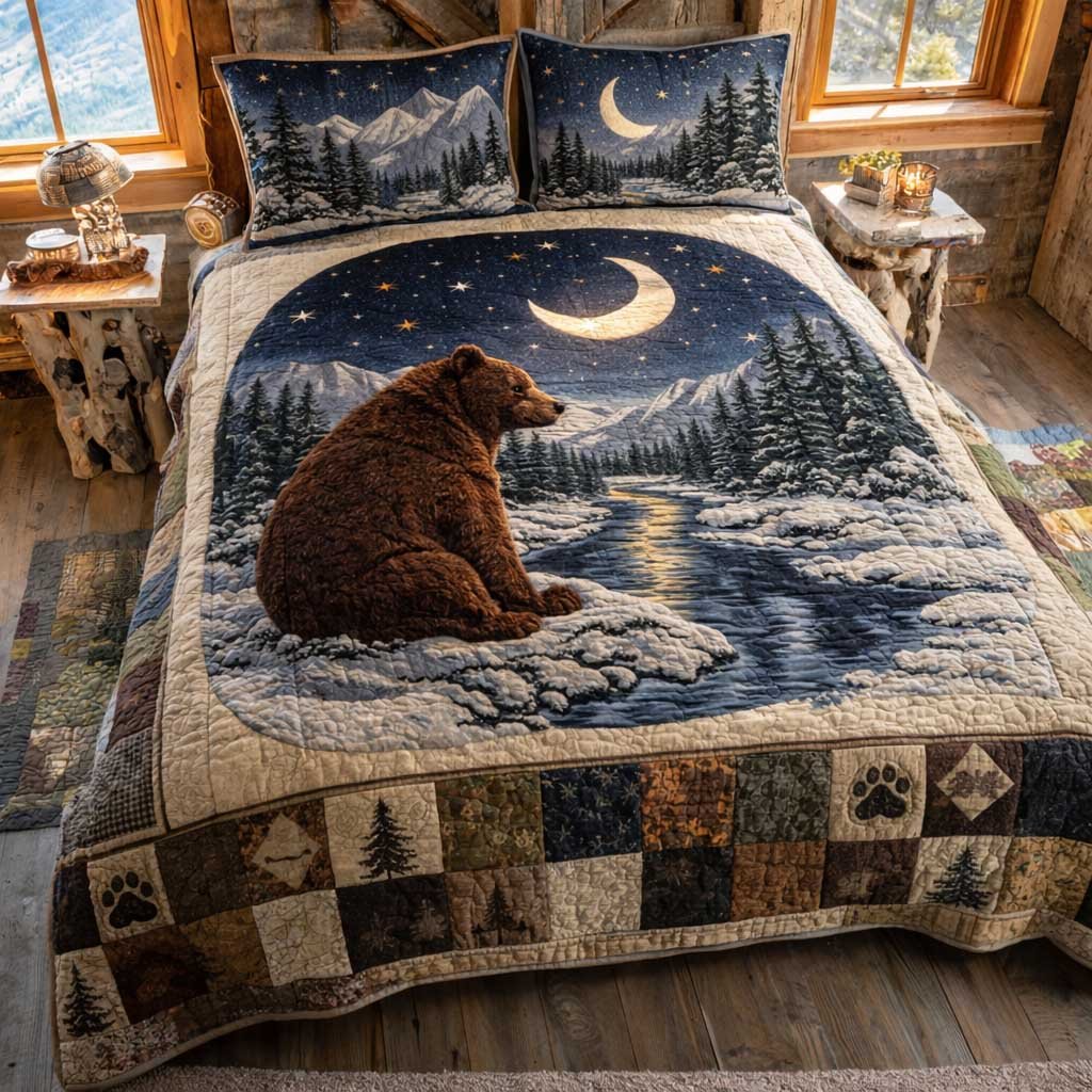 Lodge Bear 3 Piece Quilted Bedding Set Gift For Bear Lovers