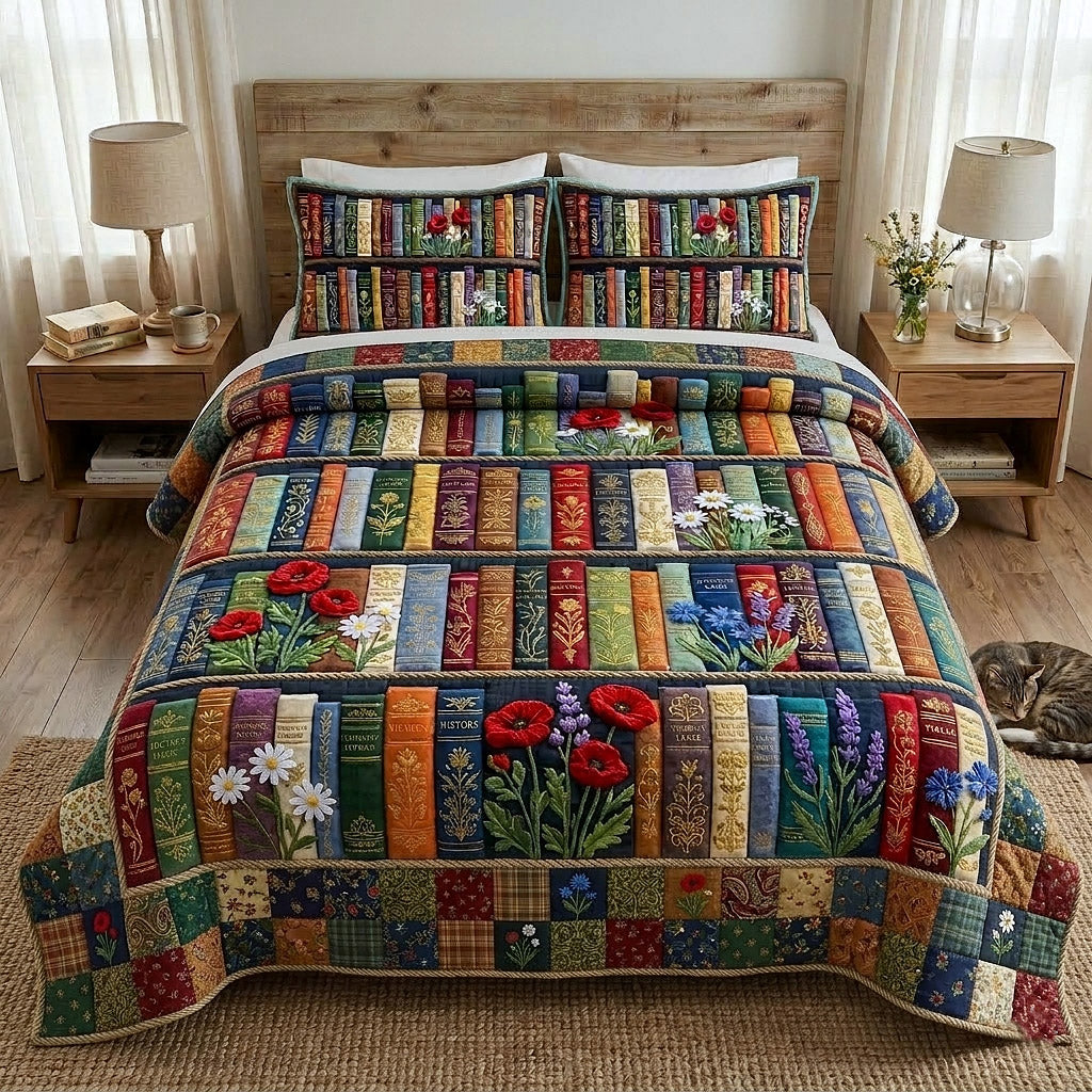 Library Nook 3 Piece Quilted Bedding Set Gift For Book Lovers