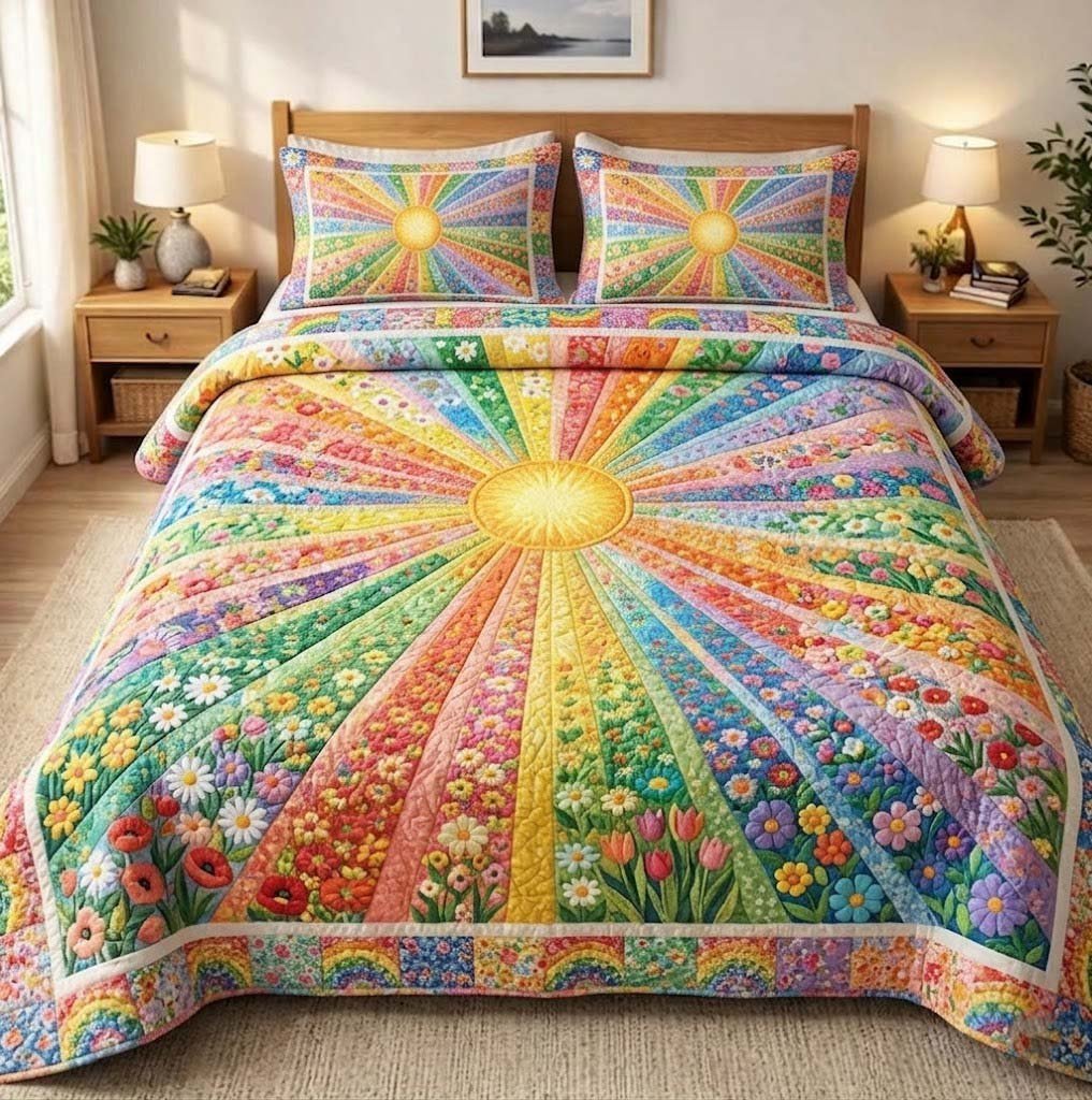 Floral Sunburst 3 Piece Quilted Bedding Set Gift For Flower Lovers