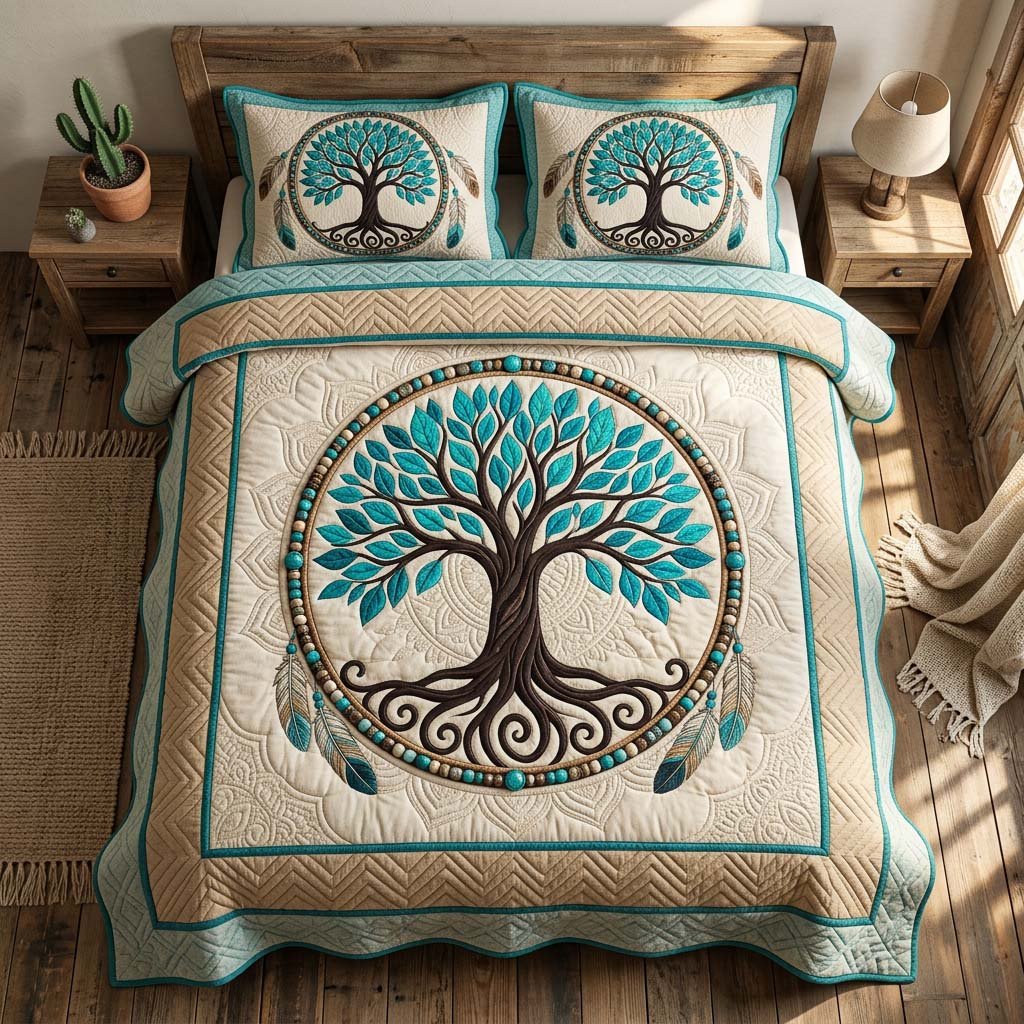 Tree of Life 3 Piece Quilted Bedding Set Gift For Home Decor Lovers