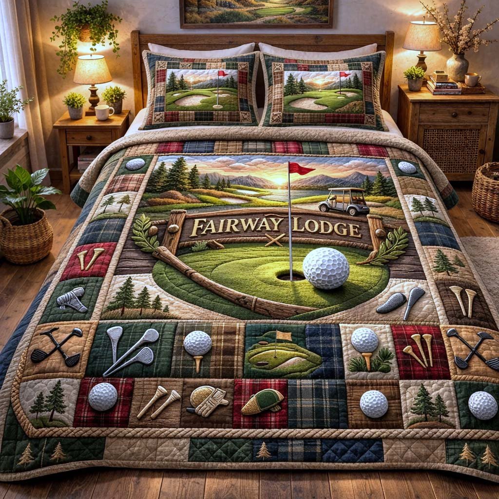 Elite Fairway 3 Piece Quilted Bedding Set Gift For Sports Fans